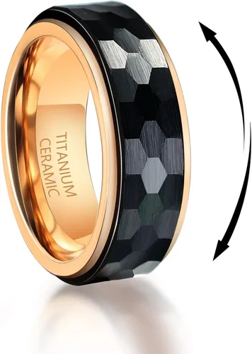 Anillos de boda de titanio de 0.31 pulgadas (0.315in), anillos giratorios de cerámica negra martilladosfacetados para hombres, anillos giratorios
