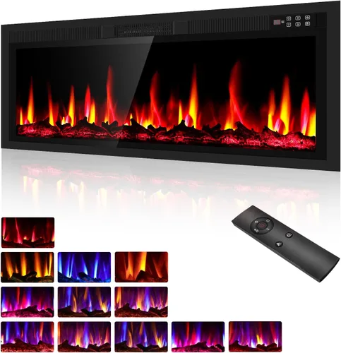 Miniatura 9 de BREEZEHEAT Chimenea eléctrica ultrafina de 50 pulgadas, calentador de chimenea independiente o empotrado en la pared, control remoto, pantalla