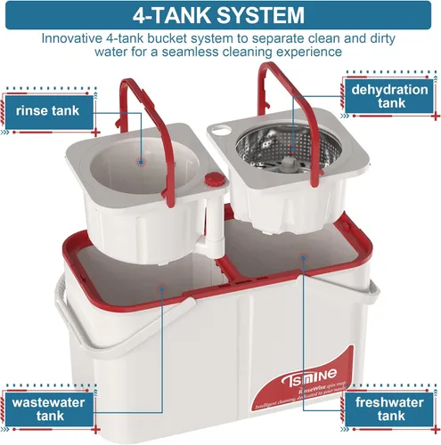 Miniatura 2 de Mopa giratoria de gran capacidad Gen 1 y cubo, para hogares grandes y días de limpieza profunda, sistema de 4 cámaras que separa el agua sucia