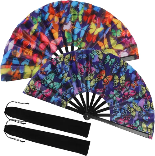 Paquete de 2 ventiladores de mano plegables grandes con bolsas, ventilador de mano de verano para hombres y mujeres para festivales de música, baile