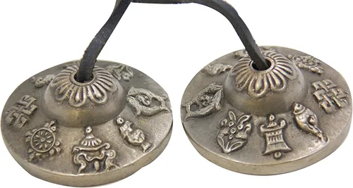Miniatura 2 de Jive® Campanas tibetanas de Tingsha hechas a mano y afinadas con 8 símbolos de la suerte, incluye bolsa, calidad premium pesada, tamaño grande