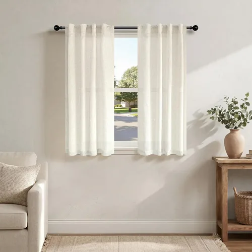 Miniatura 235 de Cortinas de lino gris claro, 2 paneles, presillas traseras, bolsillo para cortinero, semitraslúcidas, ahorran energía, estilo rústico, arpillera