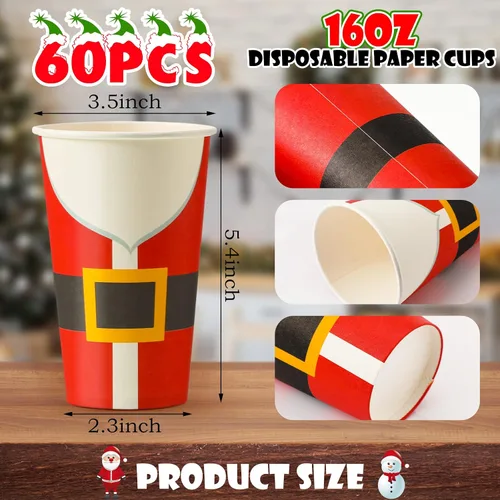Miniatura 2 de Gerrii 60 piezas de tazas de papel desechables de Navidad de 16 onzas para beber té, bebidas frías y calientes, tazas de Santa, muñeco de nieve