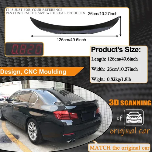 Miniatura 5 de Alerón de maletero de fibra de carbono real compatible con BMW 5 Series F10 y M5 F10 2010-2016, ala de alerón de alta patada para puerta trasera