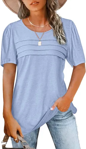Miniatura 58 de JomeDesign - Camisetas casuales de verano para mujer, manga corta, cuello redondo, manga abullonada