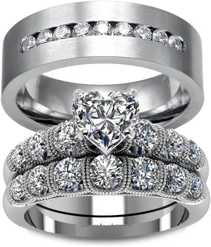 Miniatura 19 de Conjunto de dos anillos de boda para él y para ella, anillos para parejas. Anillos de compromiso para novia en acero inoxidable chapado en oro Blanco