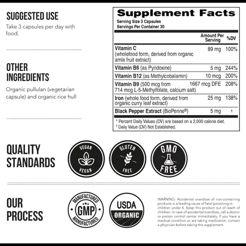 Miniatura 7 de Suplemento de hierro orgánico Minerales de alimentos integrales y cofactores, 25 mg elementales Absorción mejorada más vitaminas para la salud