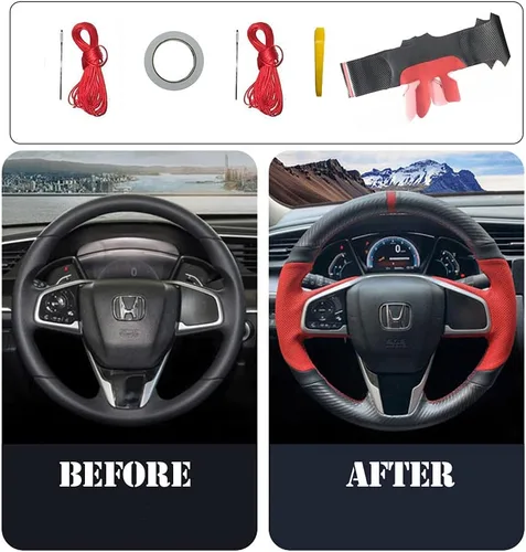 Miniatura 5 de Cubierta de volante de cuero perforado rojo con fibra de carbono mate negro para Honda Civic 2016-2021/CR-V 17-21/Clarity 16-18/Breeze