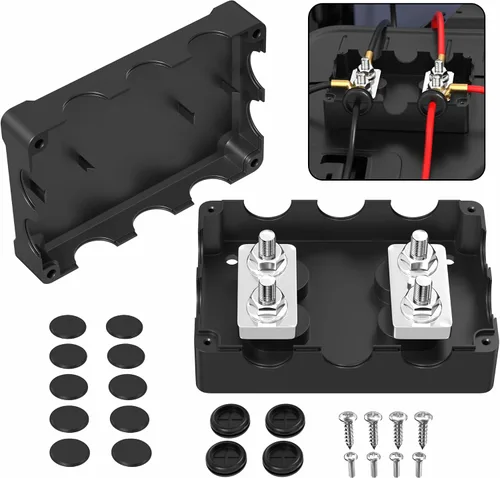 Joinfworld Barra de bus de 400 A, bloque de distribución de energía de 12 V con 4 pernos de 5/16 pulgadas (M8), barra de bus de batería dual de 48 V