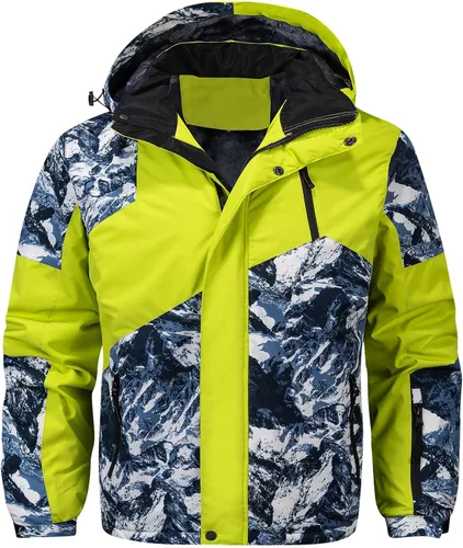 Miniatura 6 de FTIMILD Chaqueta de esquí impermeable para hombre de invierno, forro polar de alta visibilidad con capucha acolchada y diseño de patchwork
