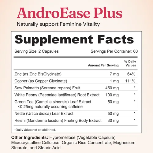 Miniatura 9 de Nourished AndroEase Plus – Balance hormonal vegano para mujeres – Zinc, Reishi, té verde y palma enana americana para mujeres – para energía