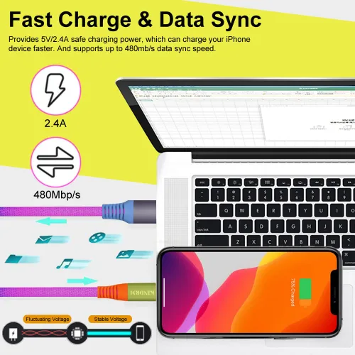 Miniatura 4 de Cable de carga para iPhone, [certificado MFi de Apple] 3 pies colorido gradual USB A a Lightning cable de carga rápida de nailon trenzado