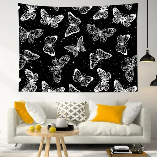 HVEST Tapiz espacial de mariposa en galaxia para dormitorio, cielo estrellado blanco y negro para colgar en la pared para sala de estar, decoración