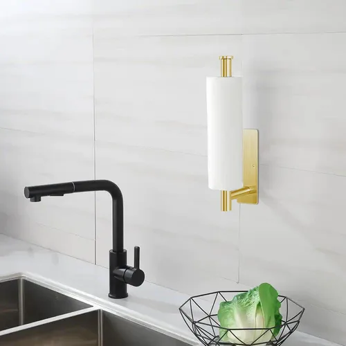 Miniatura 3 de Toallero de papel para debajo del gabinete, para cocina, soporte de pared, autoadhesivo o perforación, acero inoxidable 304 (dorado)