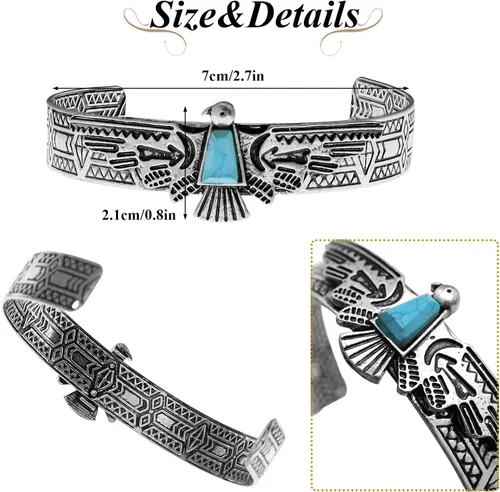 Miniatura 6 de RechicGu Vintage Tribal Southwest Turquía águila tallada piedra azul vaquera azteca vaquera nativa americana brazalete abierto brazalete brazalete