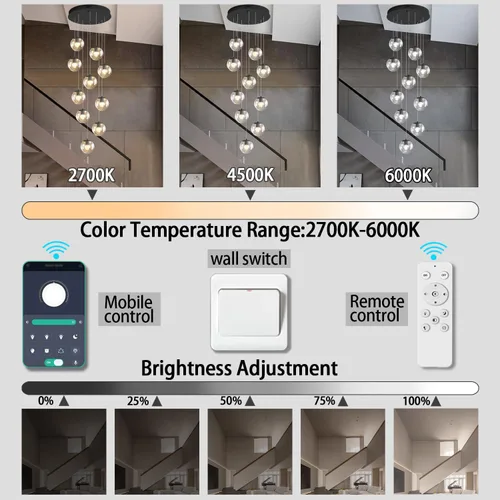 Miniatura 6 de ykolupty Escalera LED de 10 luces LED moderna con globo de cristal, lámpara colgante grande para techos altos, accesorios de iluminación de entrada