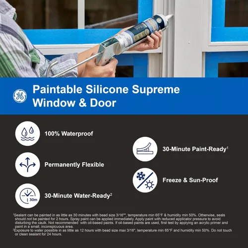 Miniatura 3 de GE Supreme Calafateo de Silicona Pintable para Ventana y Puerta, Blanco, Cartucho de 9.5 fl oz, 1 Paquete - Sellador de Silicona 100% Impermeable