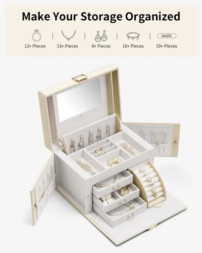 Miniatura 3 de Vlando Joyero organizador para niñas y mujeres, caja de almacenamiento de joyería barroca grande con espejo, cajones para pulseras, aretes, anillos