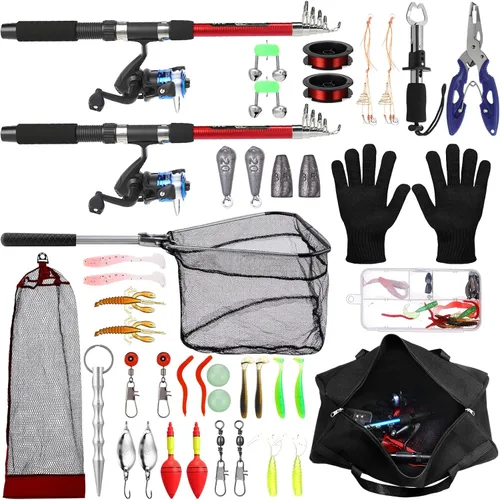 Miniatura 8 de MiniInflat Combo de caña de pescar telescópica y carrete, 2 piezas de caña plegable con alicates y agarre de labios, bolsa de transporte, carrete