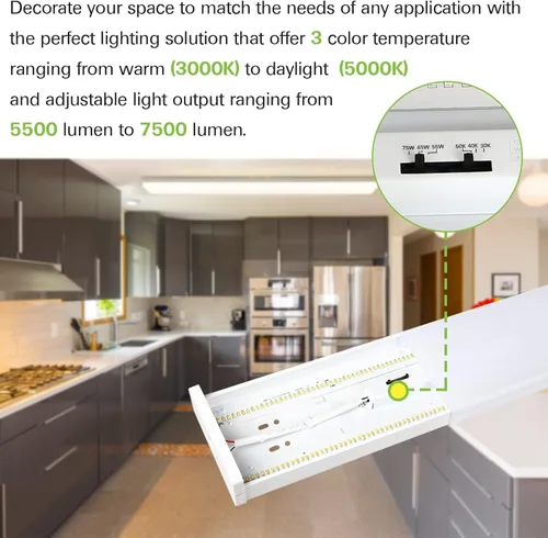 Miniatura 3 de Paquete de 4 unidades de luz envolvente LED de 4 pies con 3 selecciones de potencia/lumenes/CCT, 55W/65W/75W, 5500lm/6500lm/7500lm, 3000K4000K5000K