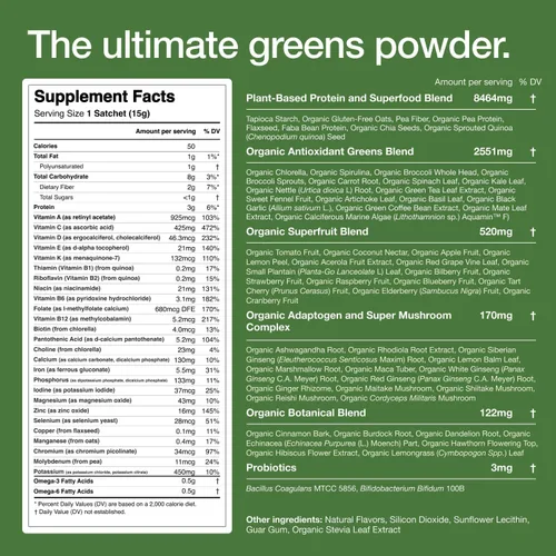 Miniatura 2 de Huel Daily Greens de una sola porción Polvo de superalimento verde 91 vitaminas, minerales e ingredientes de origen integral Adaptógenos