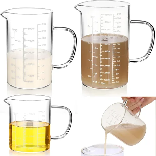 Miniatura 8 de Lallisa Juego de 3 tazas medidoras de vidrio de borosilicato alto con asa en forma de V, 4, 2, 1 taza y 3 escalas (onzas, taza, ml), para cocina