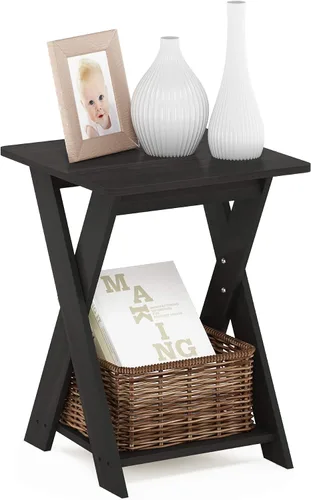 Furinno Mesa auxiliar moderna y sencilla, mesa auxiliar cuadrada de 2 niveles con estante inferior abierto y patas en X, mesita de noche Espresso