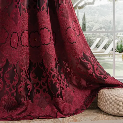 Miniatura 4 de Petrichor Cortinas de gasa jacquard transparente borgoña (54 pulgadas de ancho x 63 pulgadas de largo), 2 paneles con cenefa adjunta, diseño floral