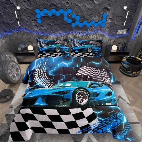 Miniatura 13 de Erosebridal Juego de edredón individual de motocicleta de carreras para niños, juego de ropa de cama de panal con luces de neón azules, motocross