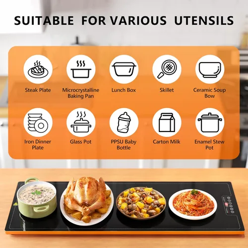 Miniatura 7 de Bandeja de calentamiento de alimentos para bufé de fiestas, 40"x14" extra grande larga con superficie de vidrio, tapete calentador eléctrico con 9