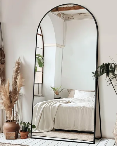 Miniatura 11 de Espejo de cuerpo entero con soporte, espejo arqueado de 58 x 18 pulgadas, espejo grande con marco de aluminio para colocar de pie, colgar o apoyar