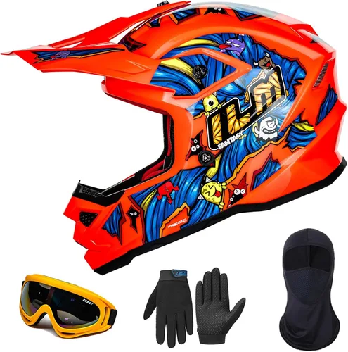 ILM Casco ATV Juvenil para Niños Dirt Bike Motocross BMX Todoterreno Motocicleta Go Kart Casco DOT ECE Modelo Z705 (Naranja Fantasía, S)