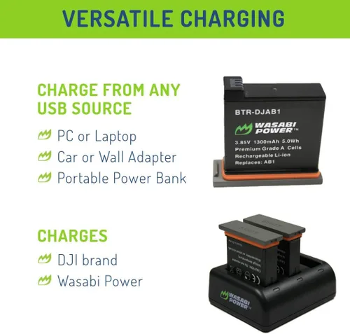 Miniatura 6 de Wasabi Power Batería (paquete de 2) y cargador USB triple para DJI AB1 y DJI OSMO Action Camera