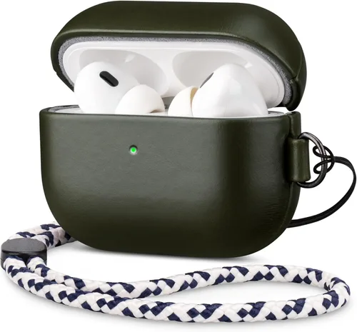 Miniatura 19 de Maogoam Funda de cuero genuino para AirPods Pro 2, botón de sincronización, diseño de clip en D con cordón de mano, funda de cuero encerado