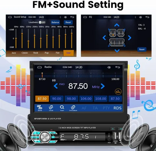 Miniatura 4 de Radio de coche de un solo DIN con Bluetooth, Carplay inalámbrico y Android Auto, pantalla abatible de 7 pulgadas, soporte estéreo retráctil