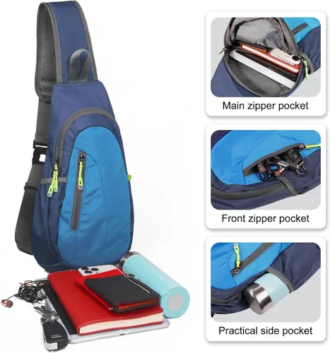 Miniatura 2 de TITECOUGO Bolso bandolera pequeño, mochila cruzada ligera para hombres y mujeres, bolsa de hombro para deportes y exteriores Azul marino/azul