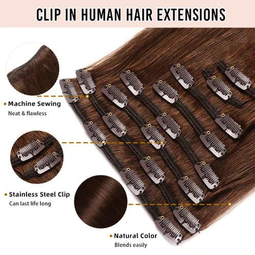 Miniatura 3 de Extensiones de cabello humano real con pinzas, 12 pulgadas, 2.89 oz, 8 piezas de extensiones de cabello Remy para mujer, color marrón medio