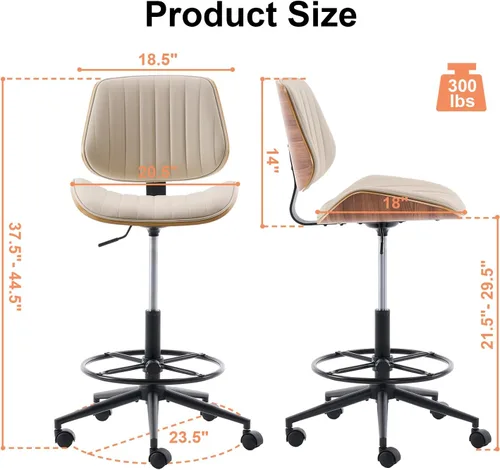 Miniatura 2 de Silla de dibujo, silla de oficina ergonómica con respaldo de madera de nogal, silla de escritorio de piel sintética sin brazos con altura ajustable