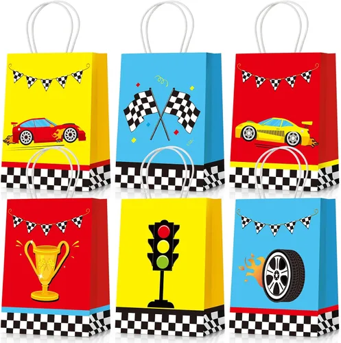 Nezyo 24 bolsas de recuerdo de fiesta de auto de carreras, suministros de fiesta de cumpleaños, bolsas de regalo con asas para bandera a cuadros,