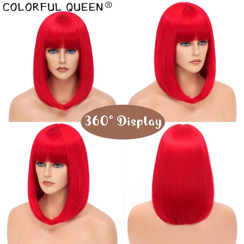 Miniatura 4 de Colorful Queen Pelucas rojas estilo Bob para mujer, peluca corta de 14 pulgadas con flequillo, peluca sintética recta Yaki, aspecto natural