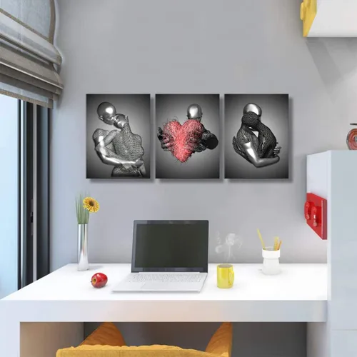 Miniatura 6 de 3 piezas enmarcadas de arte de pared 3D de corazón de amor, escultura de metal, romántica pareja, impresiones de arte abstracto, pósteres