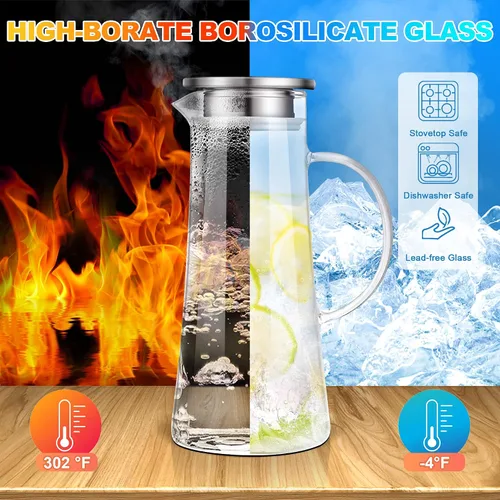 Miniatura 2 de SUSTEAS Jarra de Vidrio de 1.5 Litros 51oz con Tapa, Fácil de Limpiar, Jarra de Agua de Vidrio Resistente al Calor con Asa para Bebidas