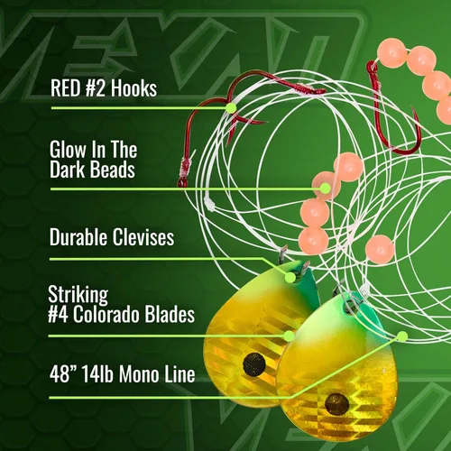 Miniatura 3 de Vexan Glow Walleye Spinner Rig - Live Bait Fishing Rig for Walleye with UV Glow Beads, #4 Colorado Spinning Plates, #2 Red J-Hook Setup, 48” Mono