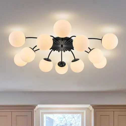 Miniatura 10 de Longree Sputnik - Lámpara de techo semiempotrada con forma de globo de vidrio de leche de 6 luces, color dorado, arte de mediados de siglo, moderna