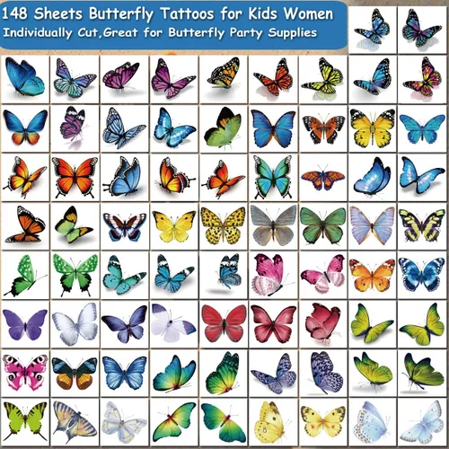 Miniatura 3 de CHARLENT 148 hojas individuales de tatuajes temporales de mariposa para niñas y mujeres, tatuajes de mariposa realistas 3D para niños, regalos