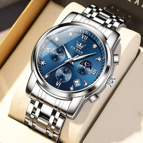 Miniatura 9 de OLEVS Watch for Men Diamond Business Dress Analog Quartz Stainless Steel Waterproof Luminous Date Two Tone Luxury Casual Wrist Watch Blue