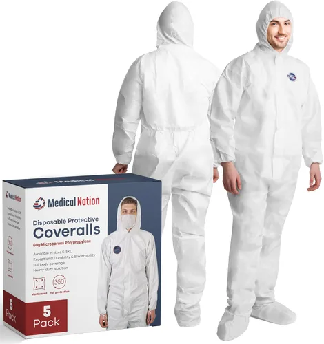 Medical Nation Trajes Hazmat Desechables | Paquete de 5, 4X-Large | Monos Protectores con Capucha y Botas Incorporadas | Traje de Pintor de Cuerpo