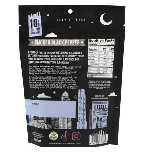 Miniatura 2 de Louisville Vegan Jerky - Carne vegana y vegetariana de pimienta negra ahumada, 0.67 oz de proteína de soja sin OMG, 310 calorías por bolsa
