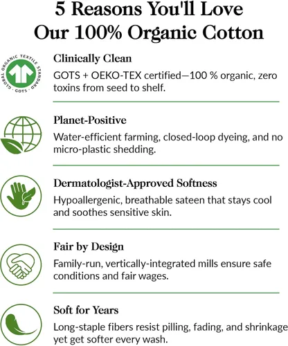 Miniatura 2 de Sábanas de algodón orgánico certificado GOTS 100% de tamaño completo - Lujoso hilo de 415 hilos, certificado Oeko-Tex, tejido de sátin sedoso