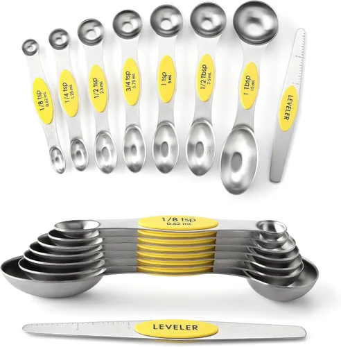 Miniatura 13 de Spring Chef Juego de 8 cucharas magnéticas de medición de acero inoxidable con nivelador, juego de cucharaditas y cucharas de mesa de doble cara